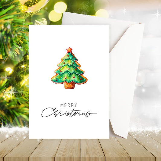 Christmas card with a tree-shaped cookie and 'Merry Christmas' text, surrounded by festive decorations. GINGERBREAD TREE CHRISTMAS CARD
