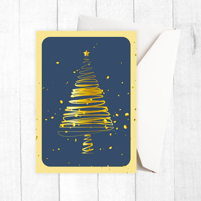 Greeting card with a gold Christmas tree design on a blue background. GOLDEN TREE WITH STARS CHRISTMAS CARD