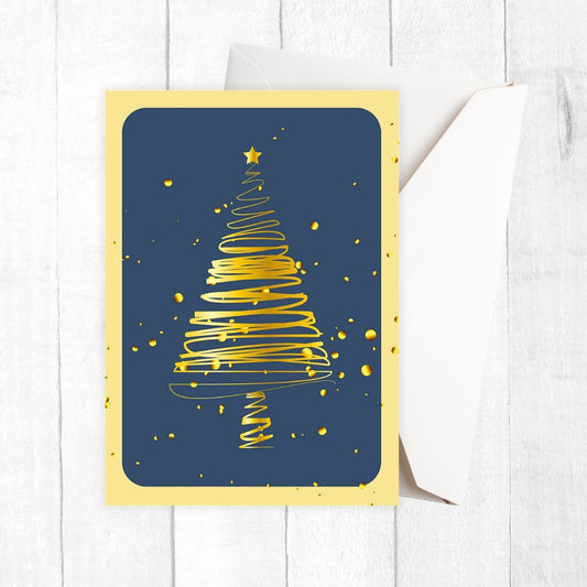Greeting card with a gold Christmas tree design on a blue background. GOLDEN TREE WITH STARS CHRISTMAS CARD