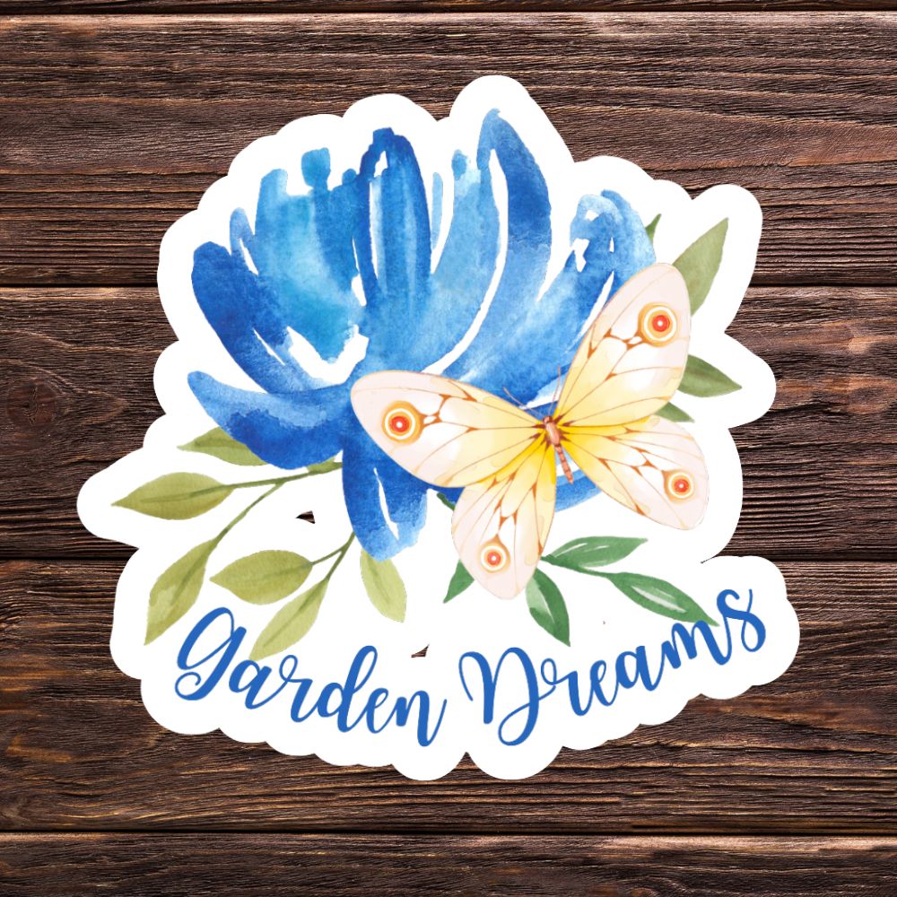 Sticker with blue flower and butterfly design on a wooden background. Garden Dreams Butterfly Sticker