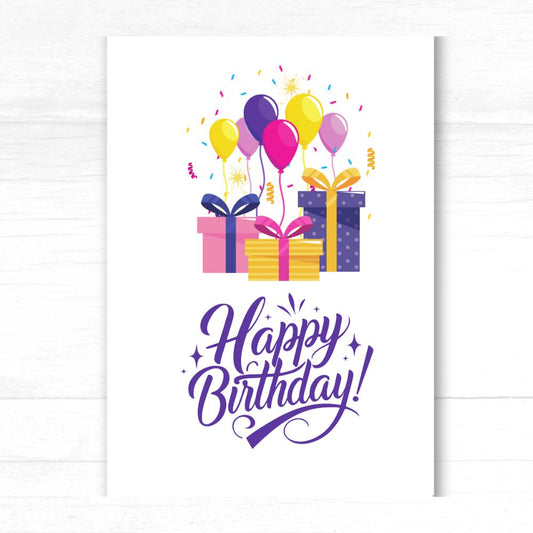 Colorful birthday design with balloons and gifts on a white background. Gifts & Balloons Birthday Card