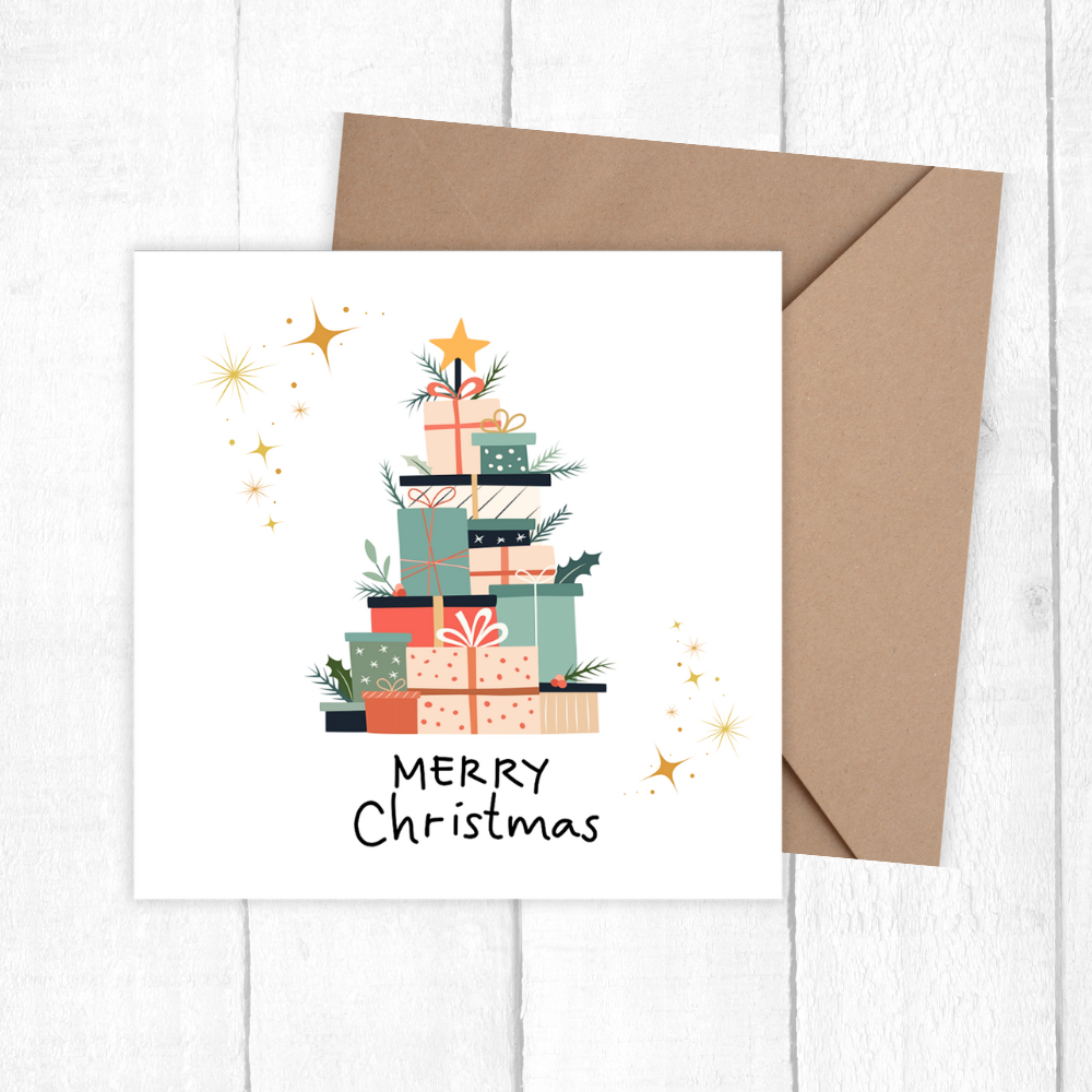 Christmas card with gift stack design and envelope on a white background. Gifts Tree Christmas Card