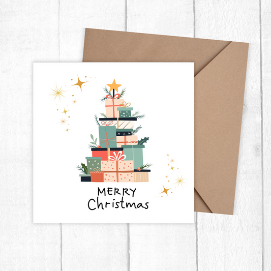 Christmas card with gift stack design and envelope on a white background. Gifts Tree Christmas Card