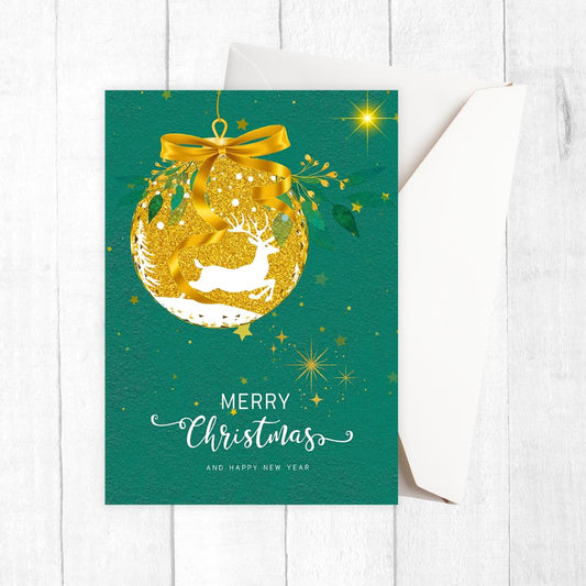 Christmas card with gold ornament and deer design on a green background. Golden Bauble with Reindeer Christmas Card