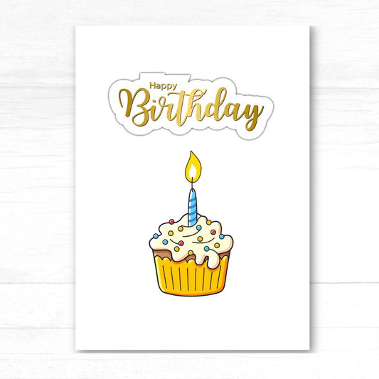 Birthday card with a cupcake and candle on a white background. Golden Cupcake Happy Birthday Card