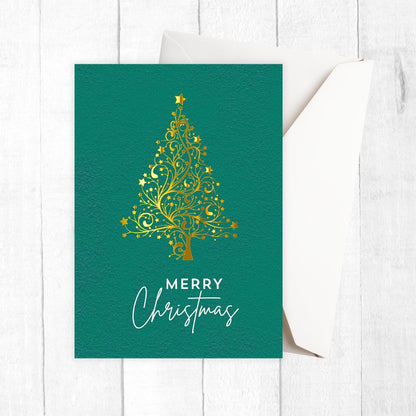 Green Christmas card with gold tree design and 'Merry Christmas' text on a white background. Golden Tree Christmas Card