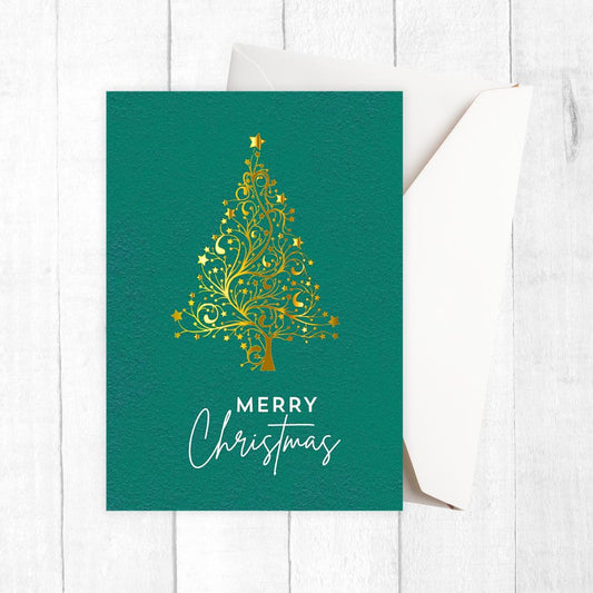 Green Christmas card with gold tree design and 'Merry Christmas' text on a white background. Golden Tree Christmas Card