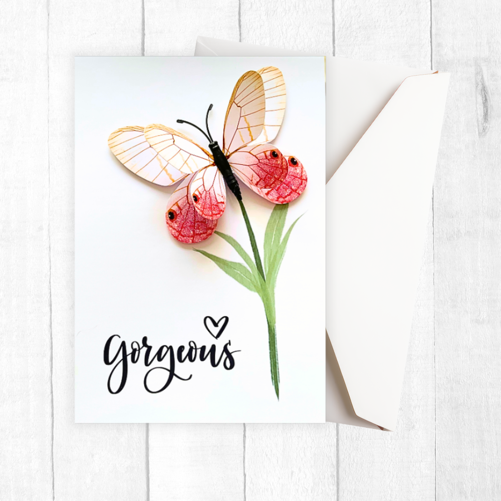 Butterfly and flower illustration with 'gorgeous' text on a white background. Gorgeous 3D Greeting Card