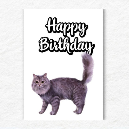 Cat illustration with 'Happy Birthday' text on a white background. Grey Cat Happy Birthday Card