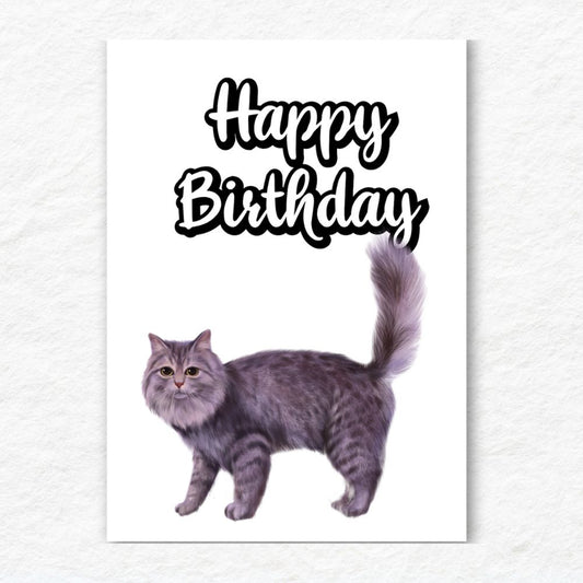 Cat illustration with 'Happy Birthday' text on a white background. Grey Cat Happy Birthday Card