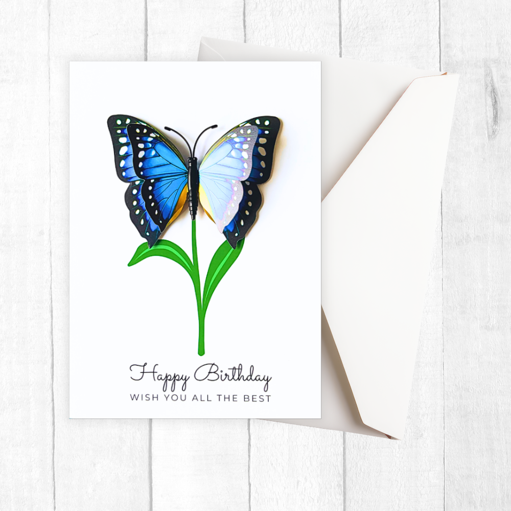 Greeting card with a blue butterfly illustration and 'Happy Birthday' text on a white background.