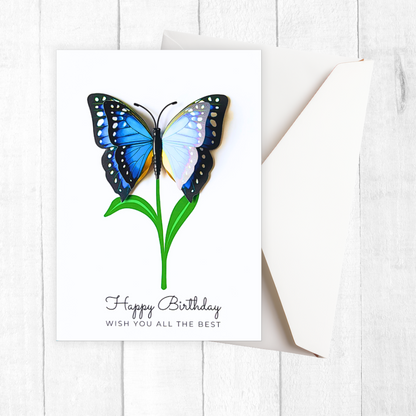 Greeting card with a blue butterfly illustration and 'Happy Birthday' text on a white background.