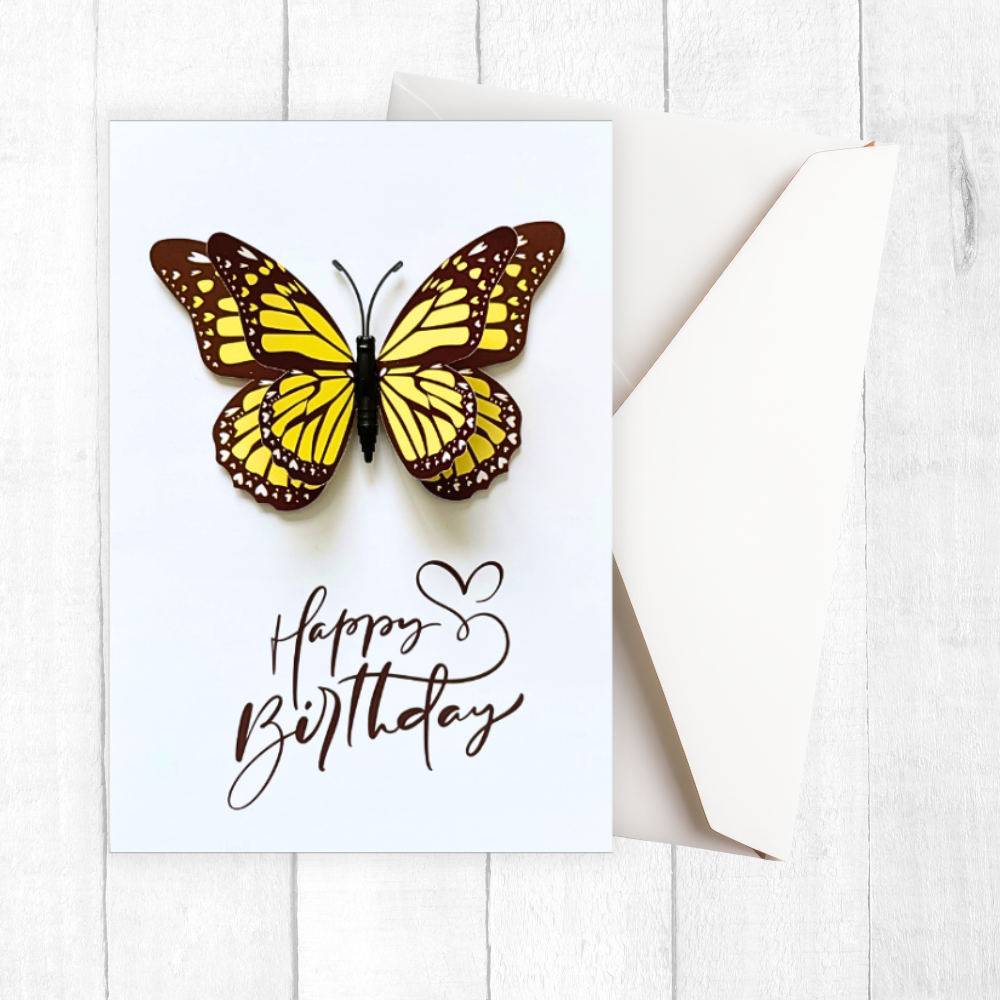 Greeting card with a butterfly illustration and 'Happy Birthday' text on a white background