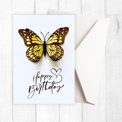 Greeting card with a butterfly illustration and 'Happy Birthday' text on a white background