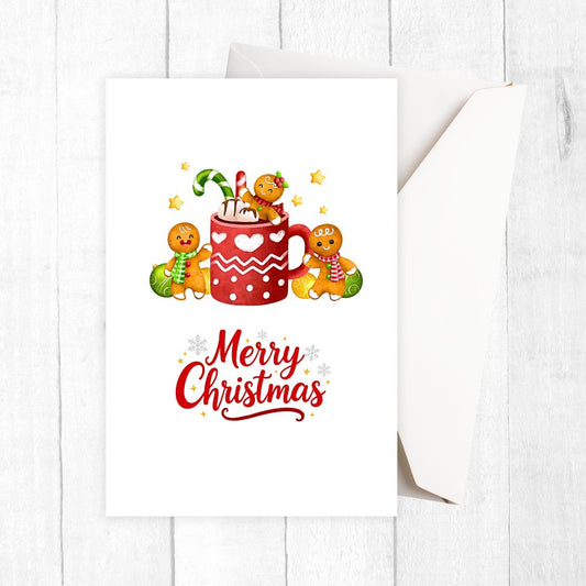 Christmas-themed design with a mug and gingerbread men on a white background. HOT CHOCOLATE CHRISTMAS CARD