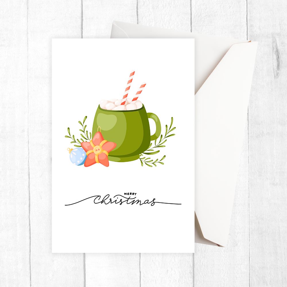 Christmas-themed card with a green mug, flowers, and 'Merry Christmas' text on a white background. HOT COCOA CHRISTMAS CARDS