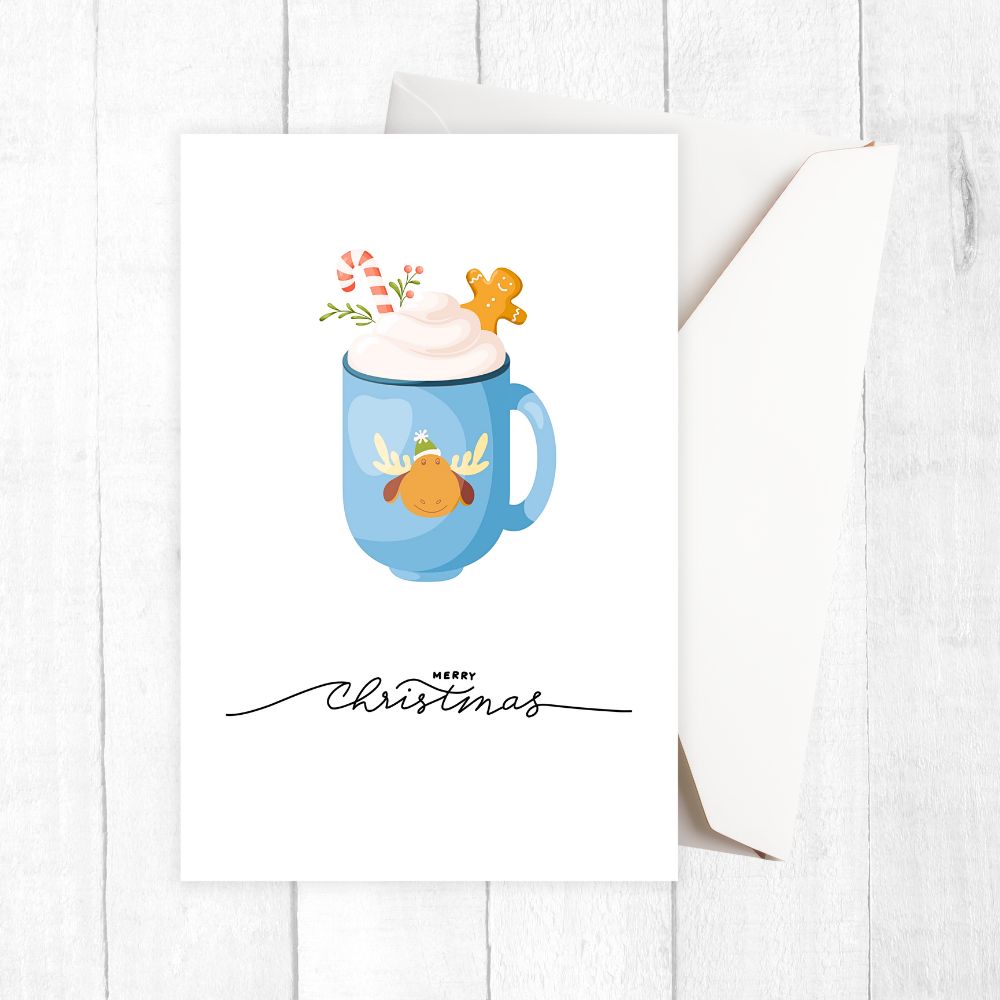 Christmas card with a blue mug of hot chocolate, reindeer, and candy on a white background. HOT COCOA CHRISTMAS CARDS