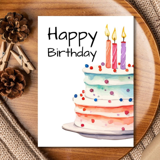 Birthday card with colorful cake illustration and candles on a wooden plate. Happy Birthday Cake Card