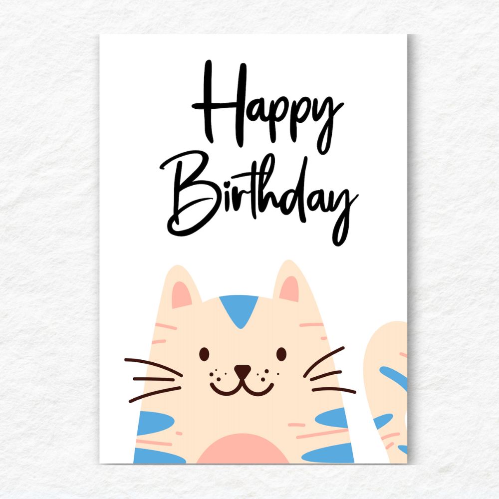 Happy Birthday card with a cat illustration on a white background. Happy Cat Happy Birthday Card