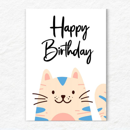 Happy Birthday card with a cat illustration on a white background. Happy Cat Happy Birthday Card