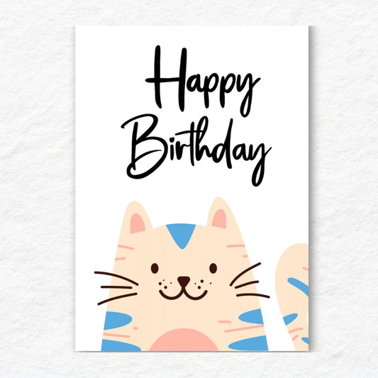 Happy Birthday card with a cat illustration on a white background. Happy Cat Happy Birthday Card