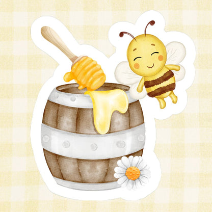 Illustration of a bee next to a honey jar with honey dripping out on a light yellow background.Honey Bee Sticker