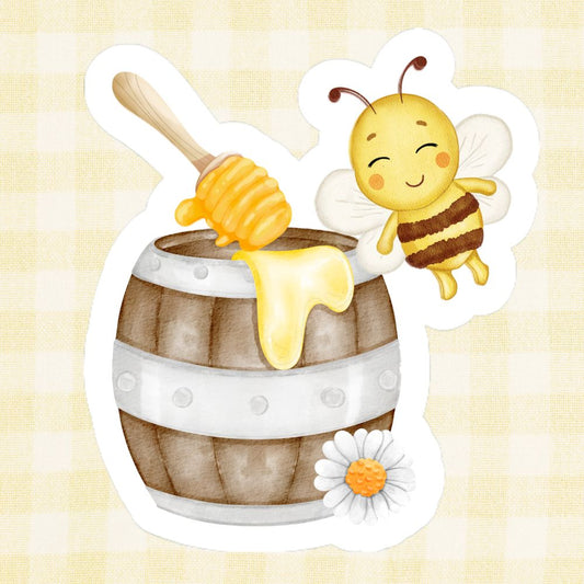 Illustration of a bee next to a honey jar with honey dripping out on a light yellow background.Honey Bee Sticker