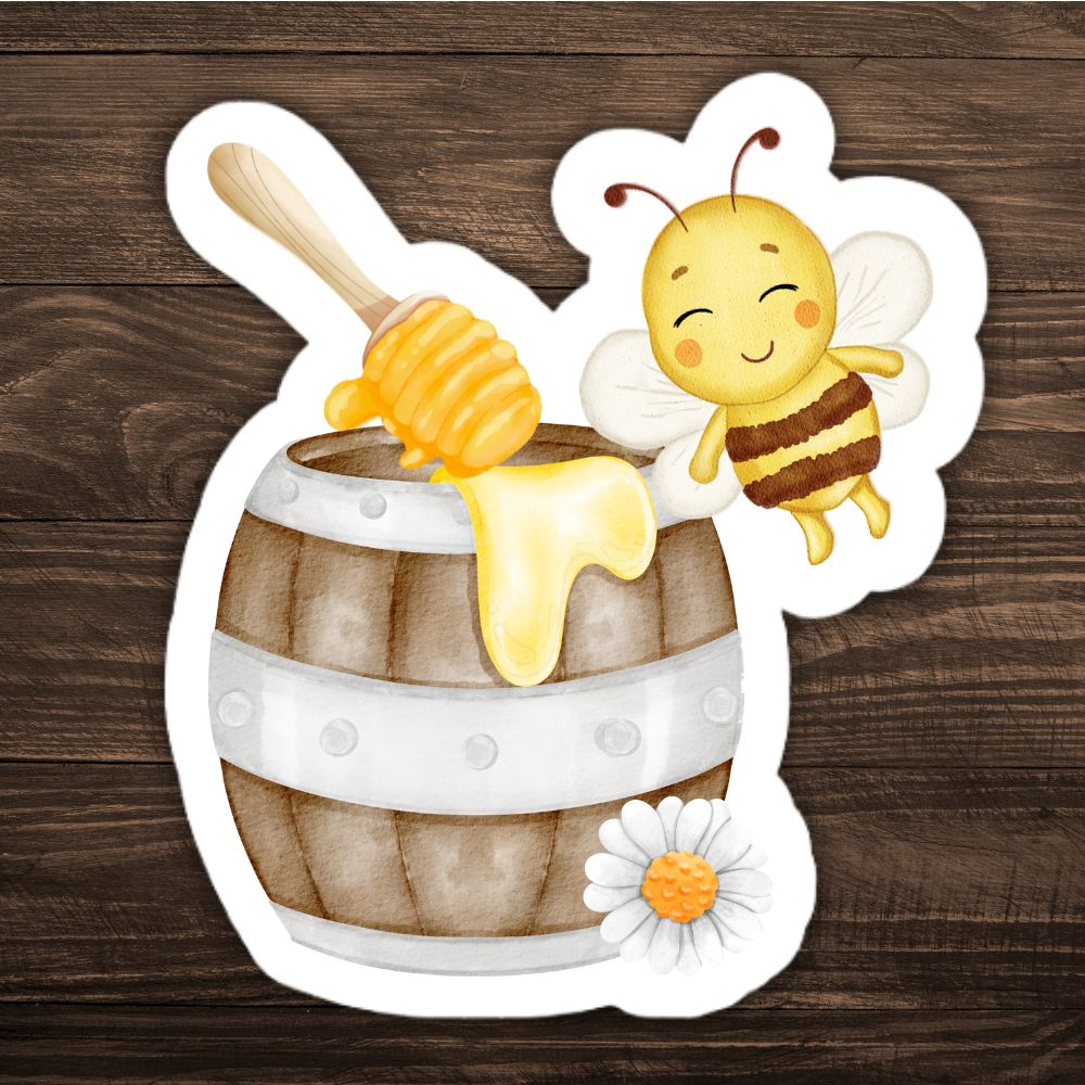 Cartoon bee and honeycomb with honey on a wooden background. Honey Bee Sticker