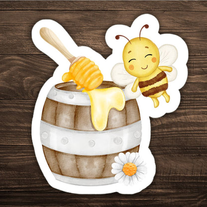 Cartoon bee and honeycomb with honey on a wooden background. Honey Bee Sticker
