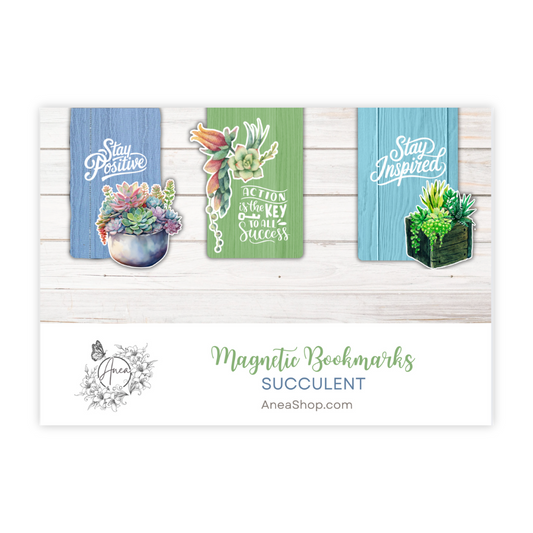 Set of three magnetic bookmarks with succulent designs on a wooden background. Inspirational Magnetic Bookmark Set