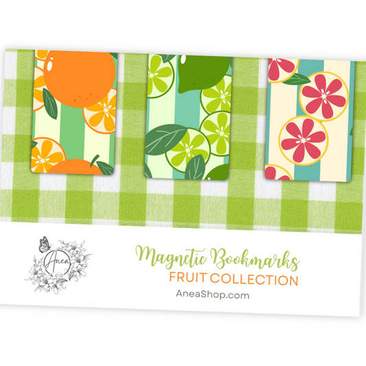 Set of colorful magnetic bookmarks with fruit designs on a green checkered background. Juicy Fruit Bookmark Set
