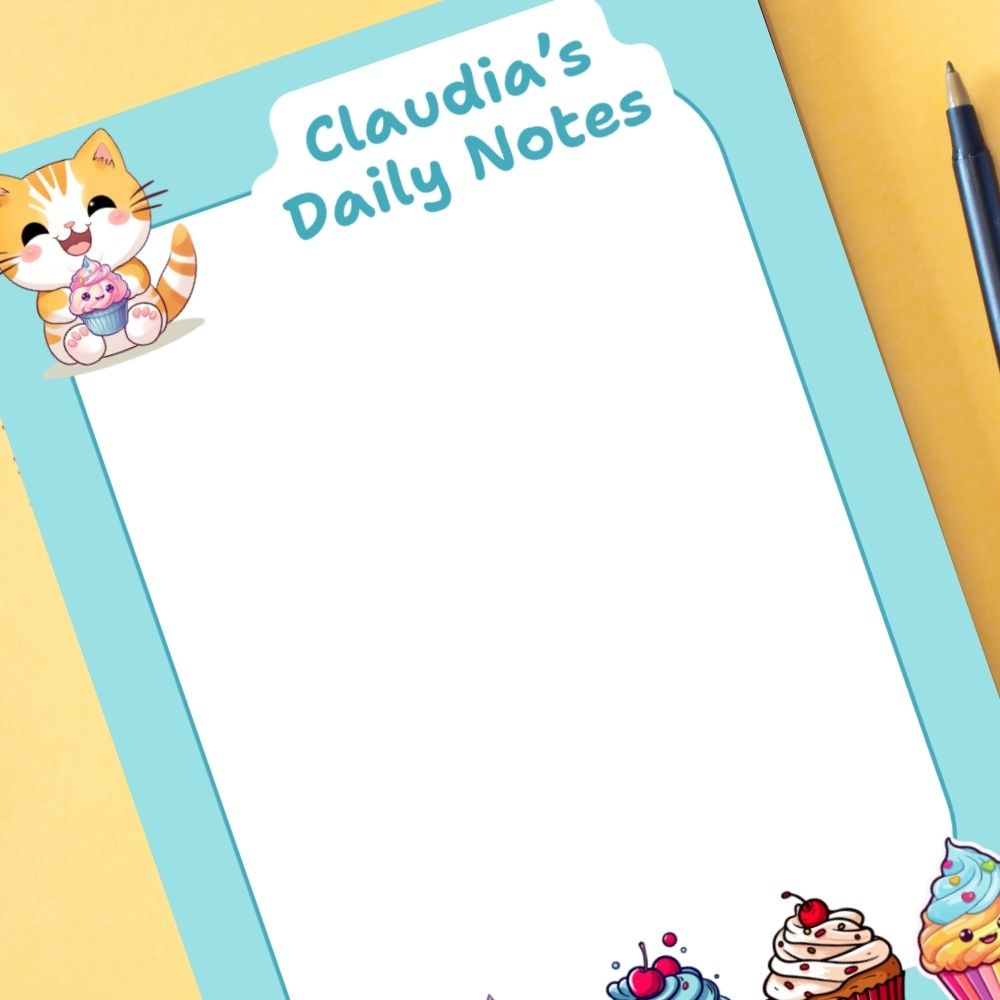 Notepad with 'Claudia's Daily Notes' text and a cartoon cat on a yellow background. KAWAII CUPCAKES PERSONALISED A6 NOTEPAD