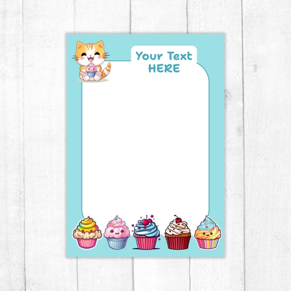 Notepad with cartoon cat and cupcakes design on a light blue background. KAWAII CUPCAKES PERSONALISED A6 NOTEPAD