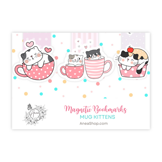 Magnetic bookmarks with cat designs in mugs on a white background. Kawaii Cats Magnetic Bookmark