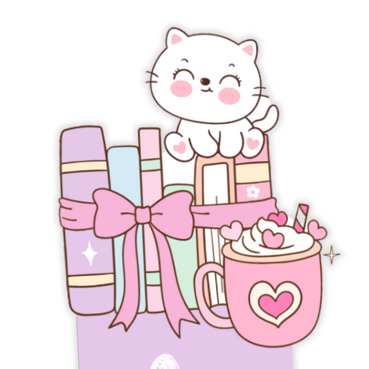 Cartoon cat with stationery items on a white background. Kawaii Kitten Bookmark