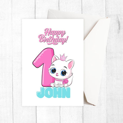 Happy Birthday card with a cartoon cat and pink number one on a white background