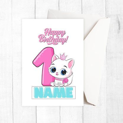 Happy Birthday card with a cartoon cat and customizable text on a white background