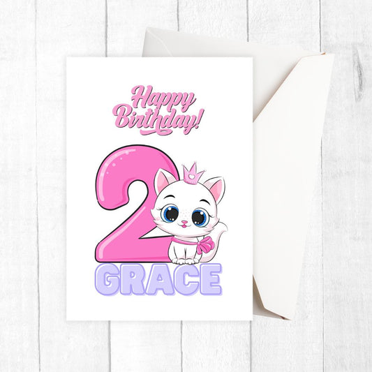 Happy Birthday card with a cartoon cat and pink number '2' on a white background. Kitten 2nd Birthday Personalised Card