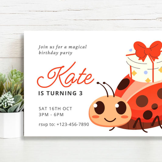 Birthday party invitation with a ladybug design on a white background. LADYBUG PERSONALISED BIRTHDAY INVITATIONS