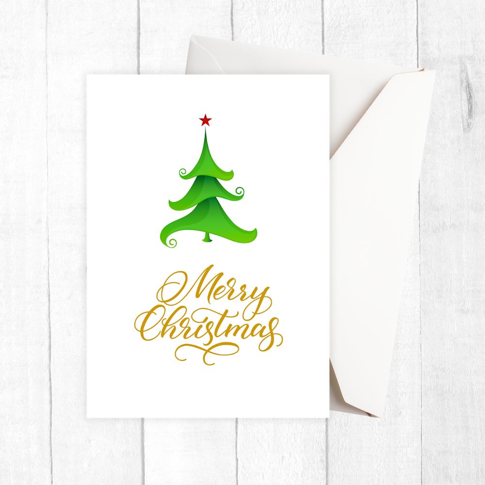 Christmas card with green tree and 'Merry Christmas' text on a white background. LITTLE TREE CHRISTMAS CARD