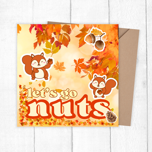 Autumn-themed card with squirrels and leaves on a white background