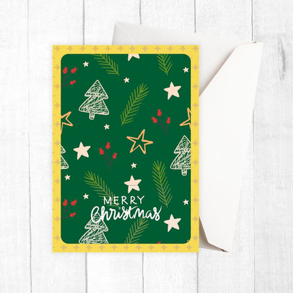 Christmas-themed card with trees, stars, and 'Merry Christmas' text on a green background.Little Stars Christmas Card