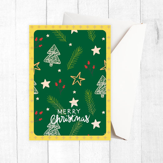 Christmas-themed card with trees, stars, and 'Merry Christmas' text on a green background.Little Stars Christmas Card