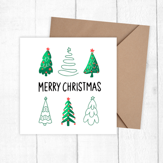 Christmas card with trees and 'Merry Christmas' text on a white background. Little Trees Christmas Card