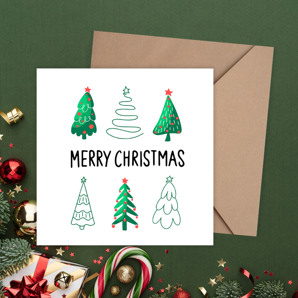 Christmas card with trees and 'Merry Christmas' text on a green background. Little Trees Christmas Card