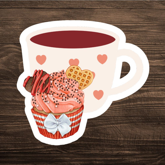 Illustration of a cup with a dessert inside on a wooden background. Love Cupcake heart Sticker
