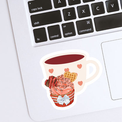 Sticker of a coffee cup with ice cream and waffles on a laptop keyboard.Love Cupcake heart Sticker