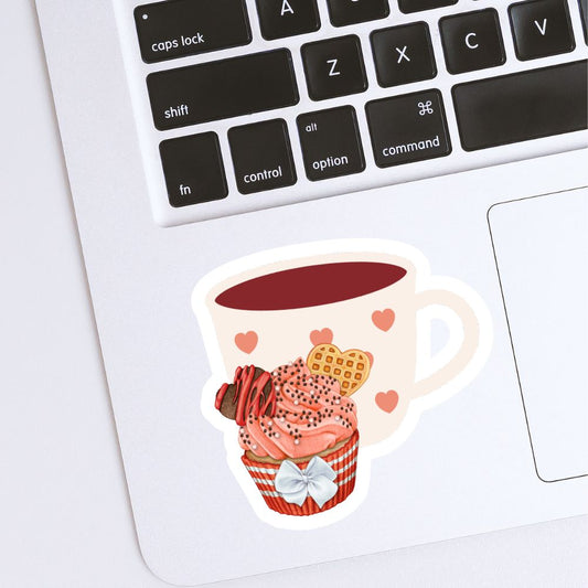 Sticker of a coffee cup with ice cream and waffles on a laptop keyboard.Love Cupcake heart Sticker