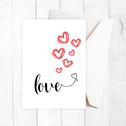 Card with red hearts and 'love' text on a white background. Love Hears Anniversary or Valentines's Card