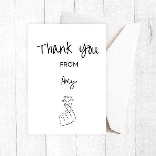 Card with 'Thank you from Amy' text on a white background. Love Thank You Personalised Card